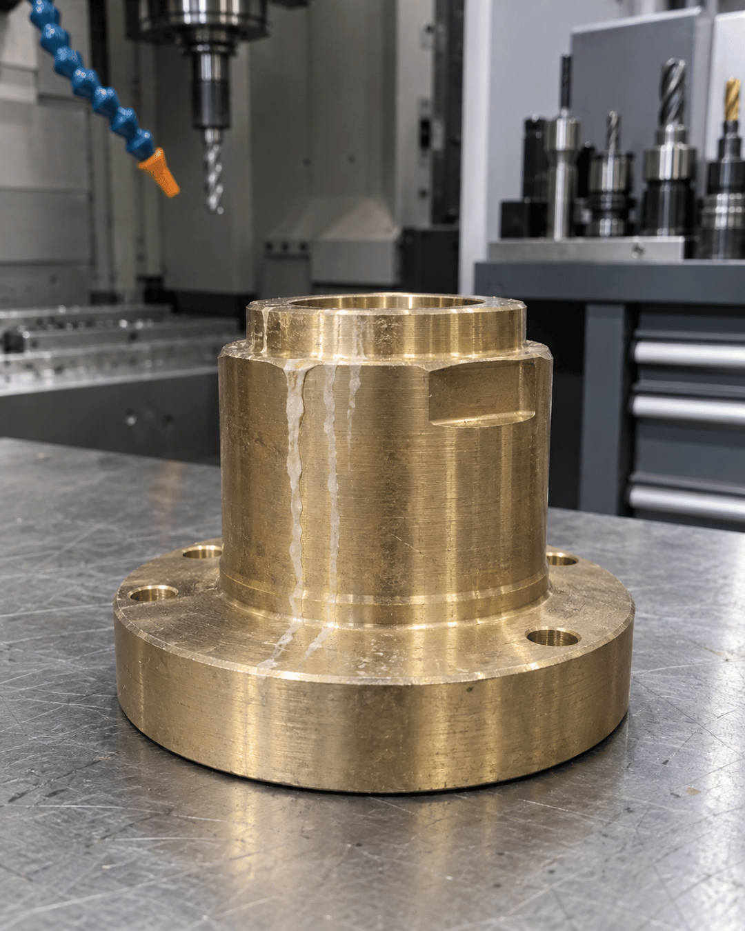 Druipsporen van koelemulsie op een messing werkstuk na verspaning