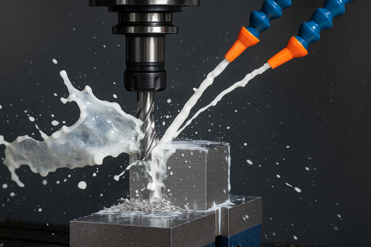 Close-up van een CNC-freesmachine die een metalen werkstuk bewerkt, waarbij koelvloeistof via blauwe en oranje slangen op het snijoppervlak wordt gespoten om oververhitting te voorkomen.