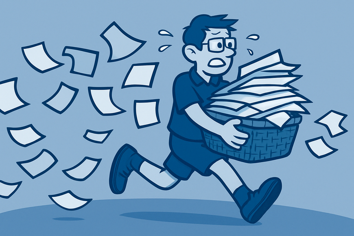 Een cartoon waarbij een man rent met papier