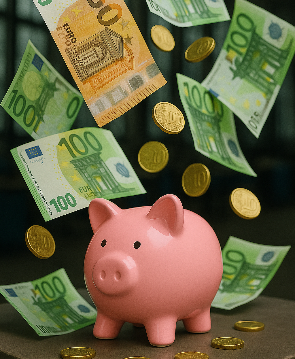 vanuit de lucht komen munten en brieven geld  in roze spaarvarken op een metalen tafel, met stapels euromunten ervoor, tegen de achtergrond van een industriële werkplaats.