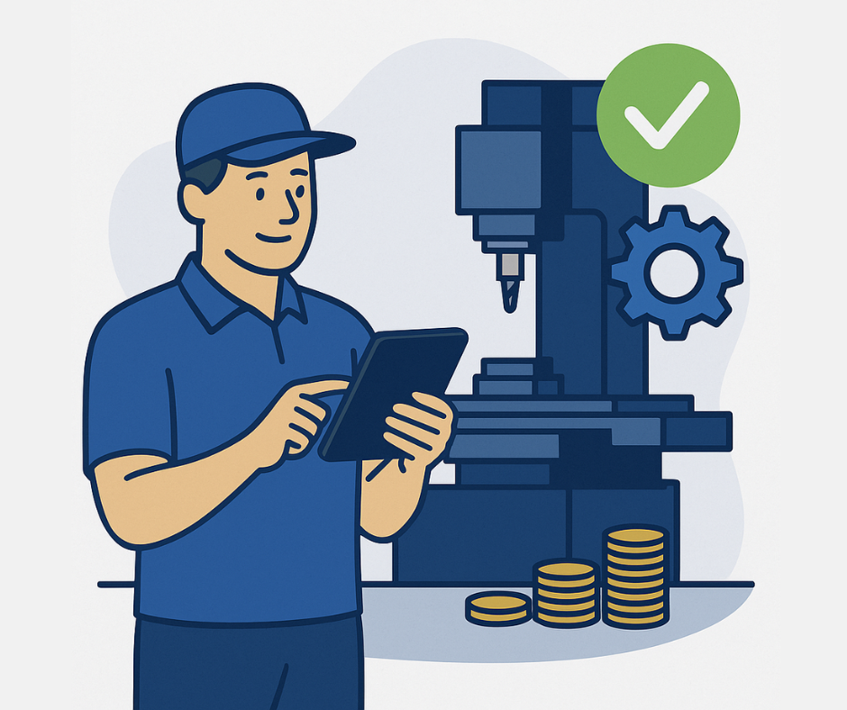 Operator controleert onderhoudsdata op een tablet naast een industriële CNC-machine, met nadruk op procesoptimalisatie en kostenbesparing.