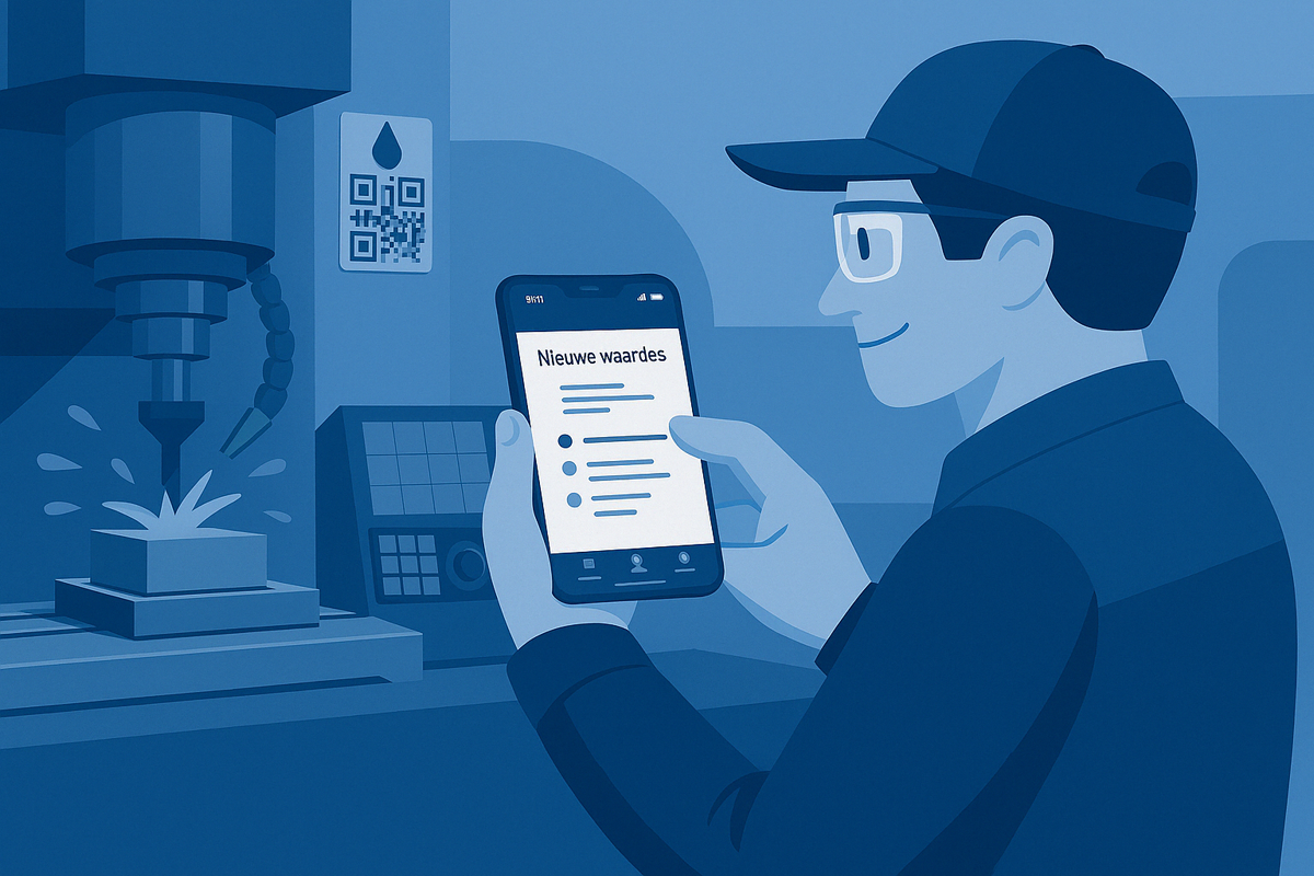 Cartoon die de app van lubriwatch laat zien naast een CNC machine