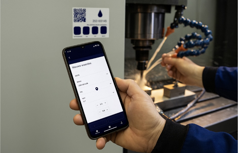 technisch medewerker controleert CNC machine en voert meetgegevens in de lubriwatch app