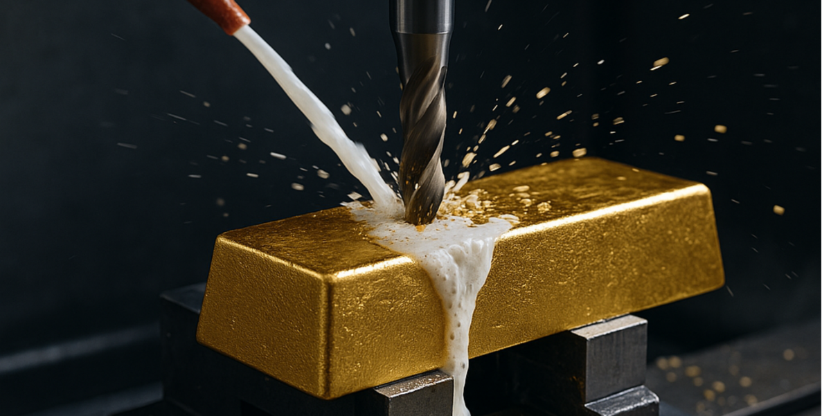 CNC machine boort in een goudstaaf met koelemulsie die over het werkstuk stroomt